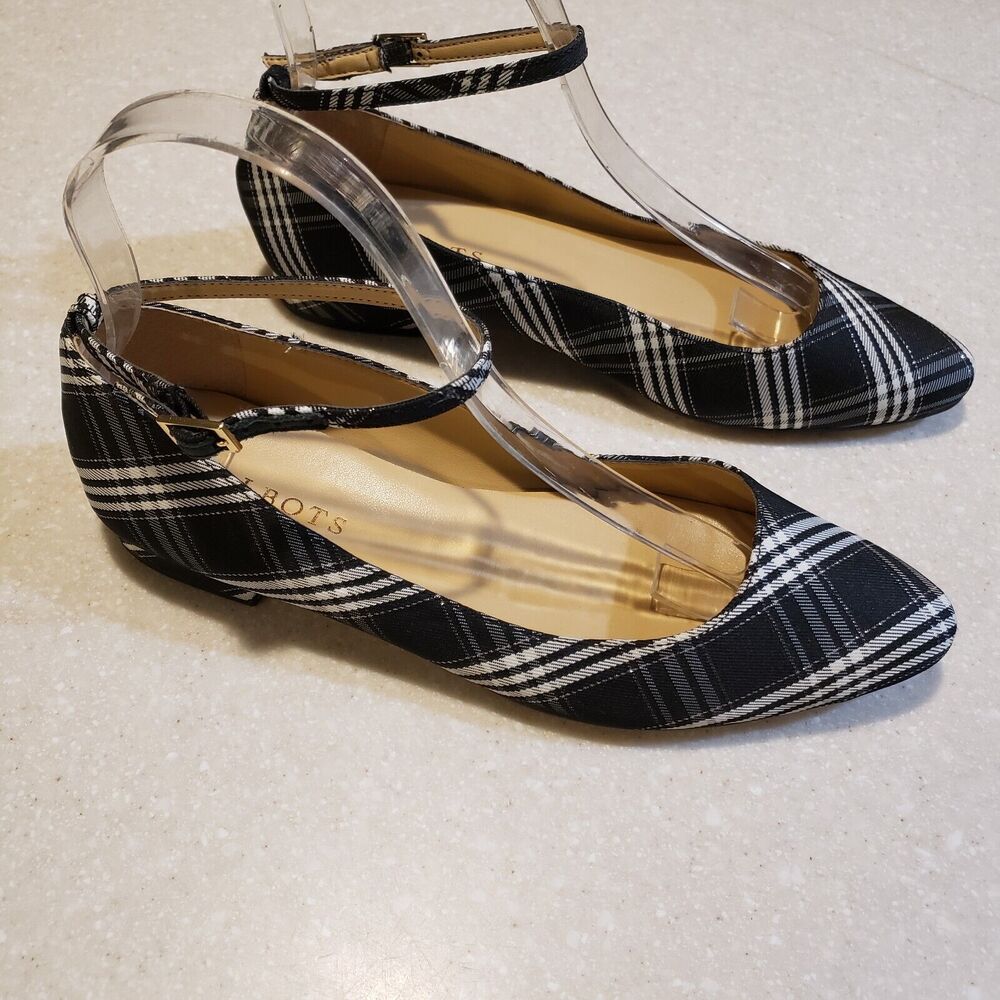 TALBOTS Edison Tartan Ankle Strap Flats Sz 7M Black &White